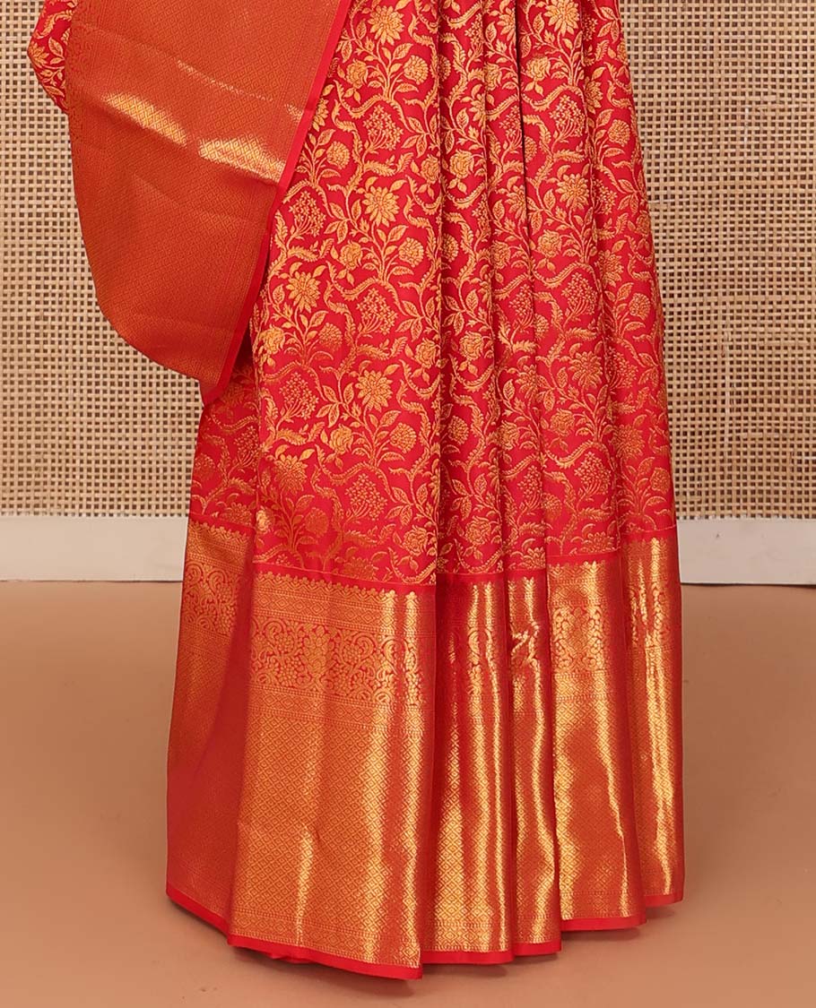 Red floral jacquard wedding silk saree, traditional zari design border, and zari-rich jaal pallu