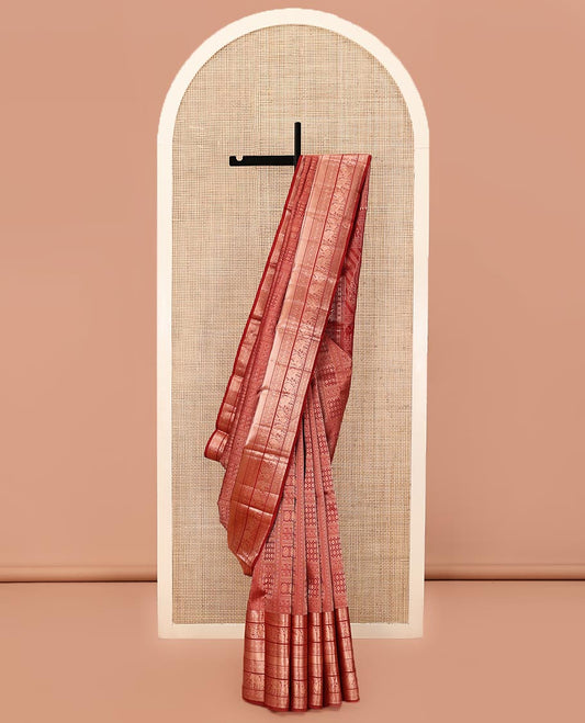 Red Kanchipuram Wedding Silk Saree, Spotlighted with Jacquard on Its Body, Highlighted by a Zari Border of Rekku, Muthu, Laddu Kamalam, Mayil, Mayil Kann, Ad Yaanai Designs, Meticulously Crafted Pallu, and Paired with a Matching Blouse