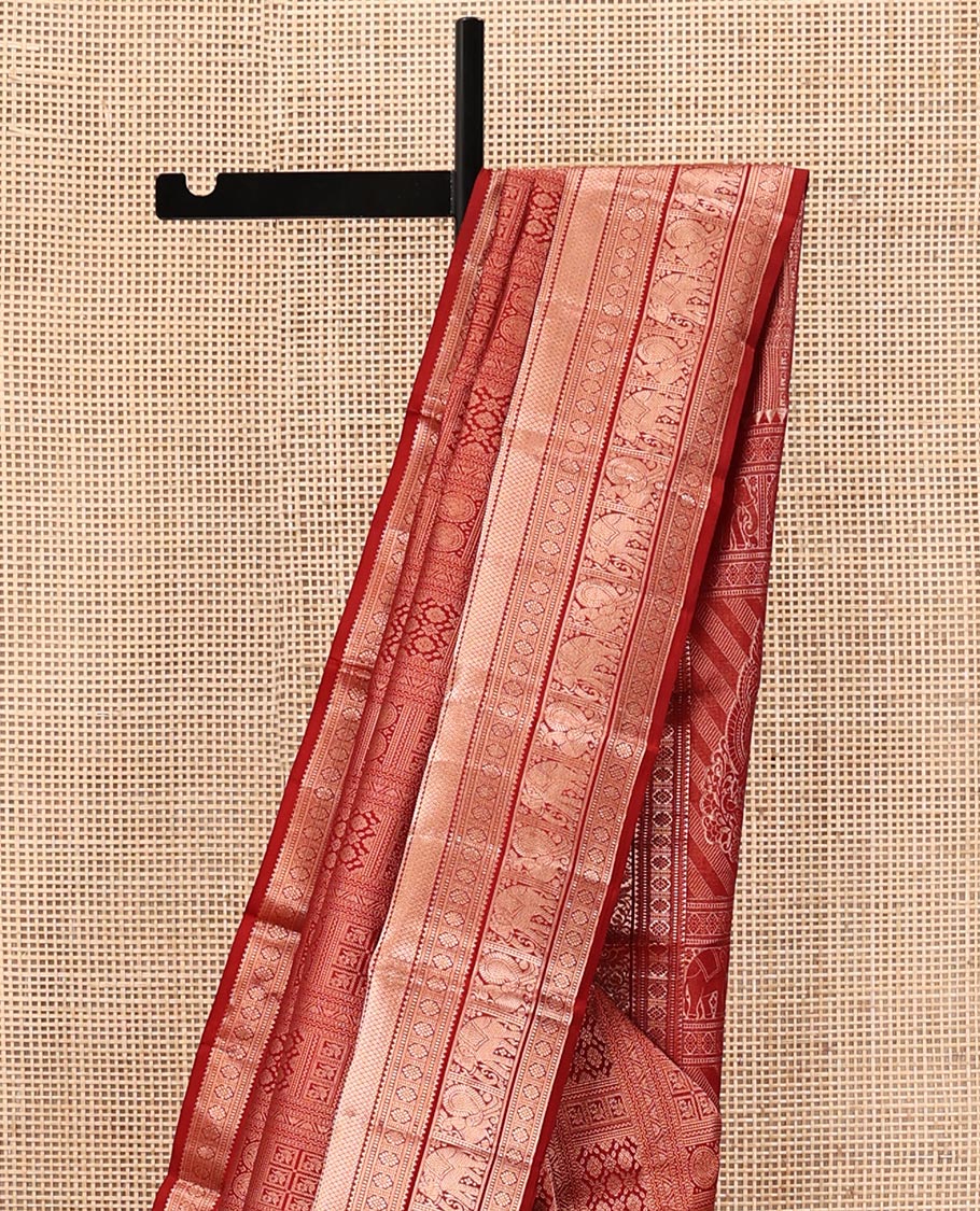 Red Kanchipuram Wedding Silk Saree, Spotlighted with Jacquard on Its Body, Highlighted by a Zari Border of Rekku, Muthu, Laddu Kamalam, Mayil, Mayil Kann, Ad Yaanai Designs, Meticulously Crafted Pallu, and Paired with a Matching Blouse