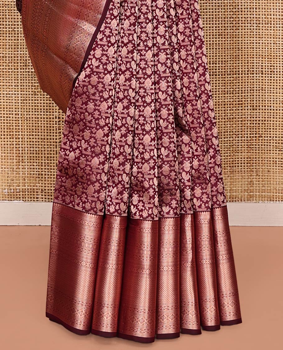 Maroon Kanchipuram Wedding Silk Saree, Elegantly Embellished with Jacquard Design on Its Body, Highlighted by Zari Border of Thilakam Mokku, Kathir, Cross Kamalam, and Mayil Kann Designs, Grand Jaal Pallu, and Paired with a Matching Blouse