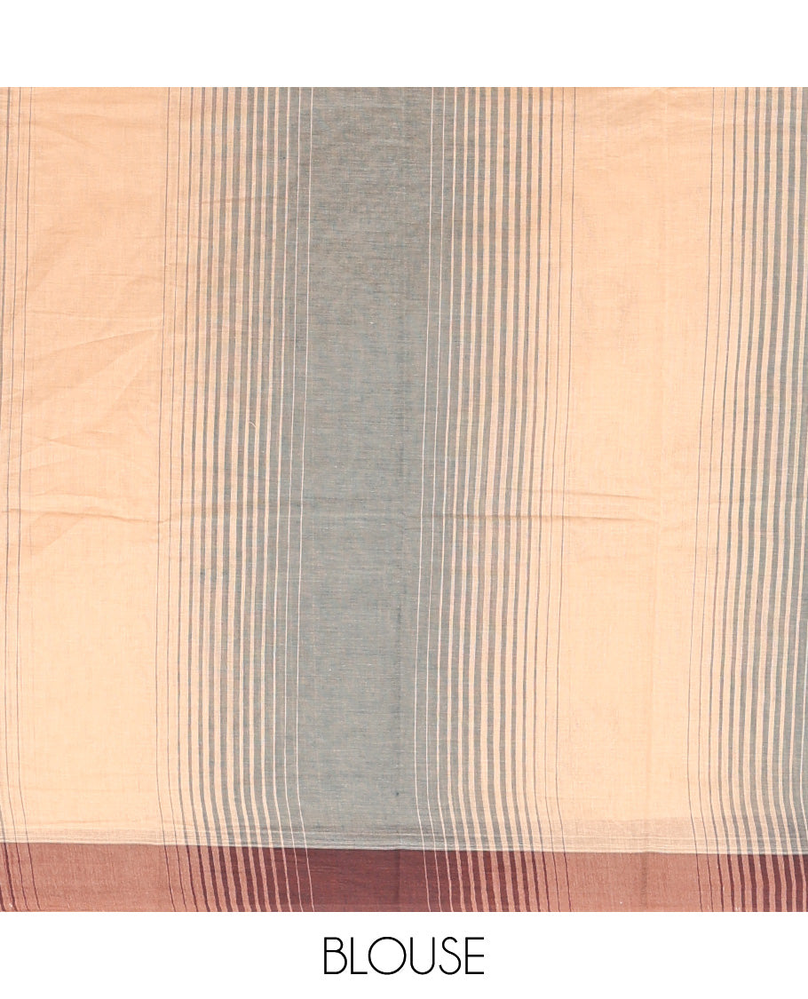 Sandal Kanchi Cotton Saree, Subtly Elevated with Buttas and Stripes All Over Its Body, Complemented by Contrast Border, Pallu of Jaal Designs, and Paired with a Matching Blouse