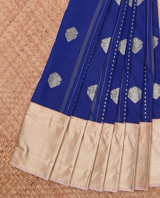 Royal blue zari design gift saree, contrast traditional zari design border, and jaal pallu