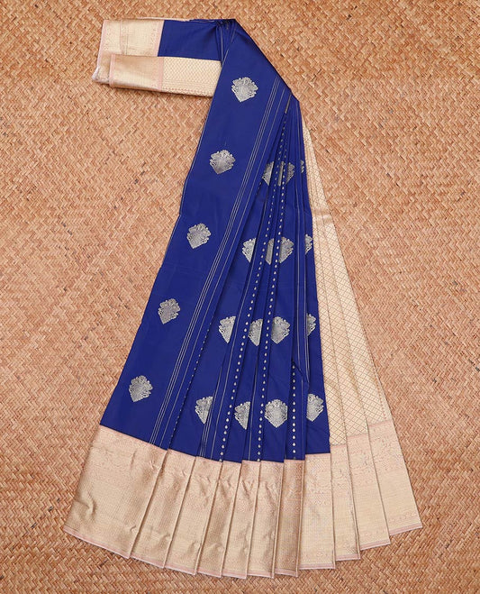 Royal blue zari design gift saree, contrast traditional zari design border, and jaal pallu