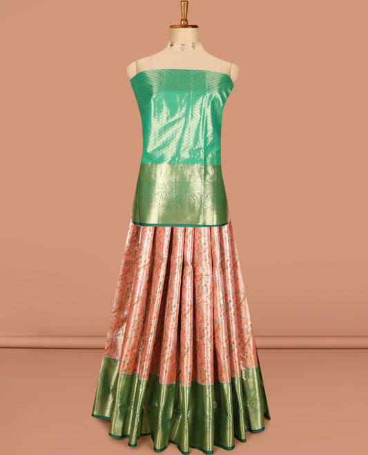 Orange art silk half saree, jacquard with contrast traditional zari border skirt, jacquard contrast blouse and zari woven dhavani