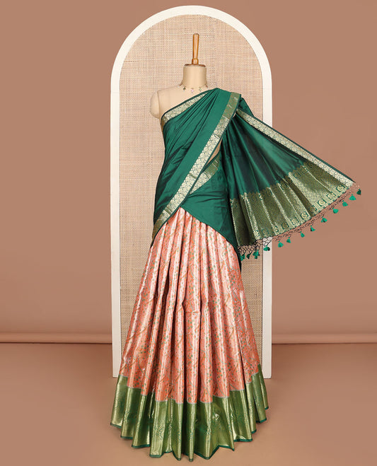 Orange art silk half saree, jacquard with contrast traditional zari border skirt, jacquard contrast blouse and zari woven dhavani