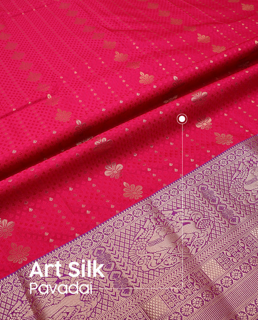 Red silk pavadai set, embossed, zari buttas with contrast traditional zari bordered skirt and a contrast dual-color zari border blouse