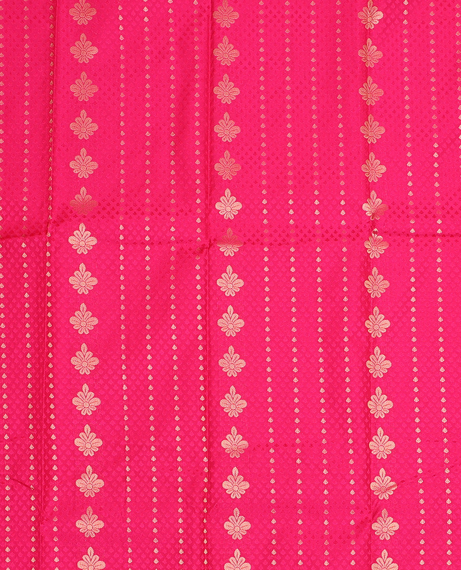 Red silk pavadai set, embossed, zari buttas with contrast traditional zari bordered skirt and a contrast dual-color zari border blouse