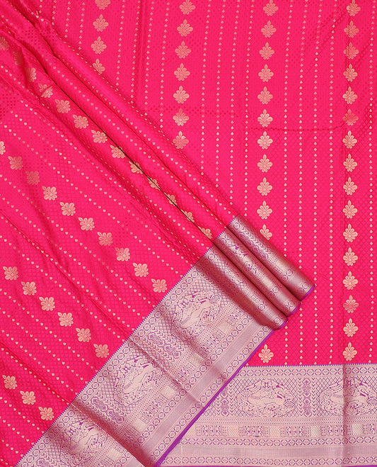 Red silk pavadai set, embossed, zari buttas with contrast traditional zari bordered skirt and a contrast dual-color zari border blouse