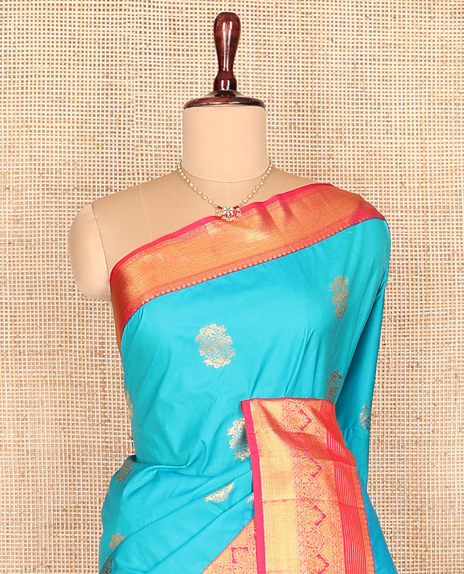 Blue zari buttas budget silk saree, contrast traditional zari design border, and jaal pallu