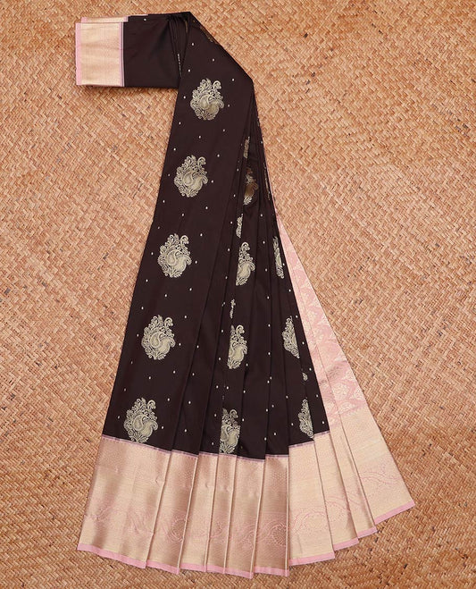 Brown zari buttas gift saree, contrast traditional zari design border, and jaal pallu