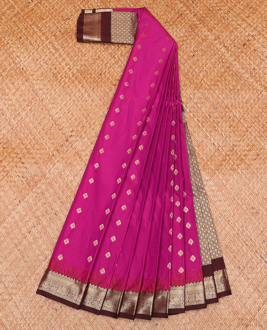 Purple Budget Silk Saree, Accentuated with Zari Buttas and Stripes on Its Body, Complemented by a Contrast Temple Traditional Zari Design Border, Grand Jaal Pallu, and Paired with a Contrast Blouse