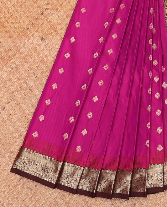 Purple Budget Silk Saree, Accentuated with Zari Buttas and Stripes on Its Body, Complemented by a Contrast Temple Traditional Zari Design Border, Grand Jaal Pallu, and Paired with a Contrast Blouse