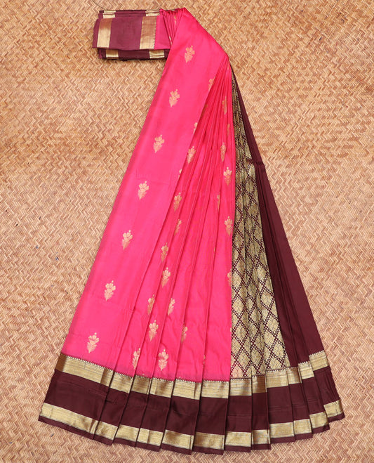Pink Budget Silk Saree, Richly Detailed with Floral Buttas All Over Its Body, Complemented by a Contrast Traditional Zari Design Rettai Pettu Border, Gracefully Woven Pallu of Jaal Designs, and Paired with a Contrast Blouse