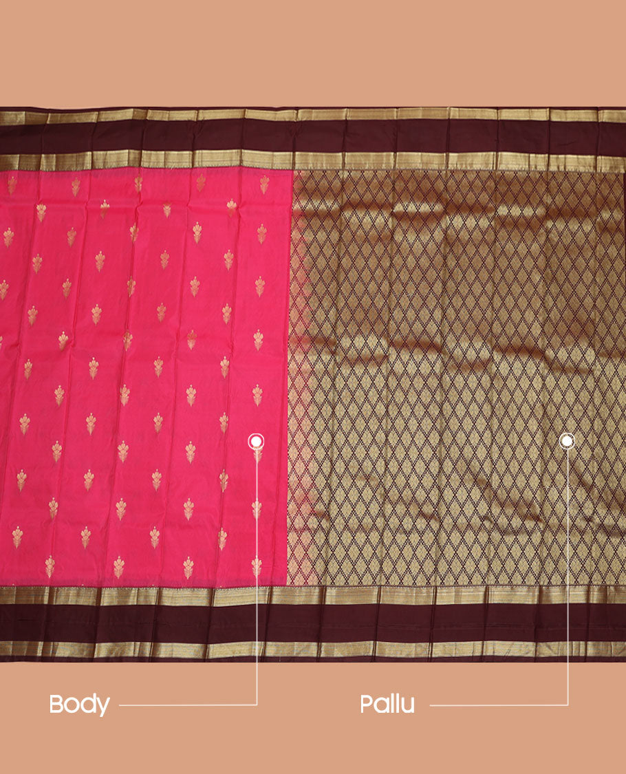 Pink Budget Silk Saree, Richly Detailed with Floral Buttas All Over Its Body, Complemented by a Contrast Traditional Zari Design Rettai Pettu Border, Gracefully Woven Pallu of Jaal Designs, and Paired with a Contrast Blouse
