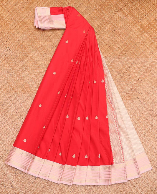 Red Budget Silk Saree, Dazzled with Zari Buttas All Over Its Body, Complemented by a Contrast Traditional Zari Design Border, Grand Jaal Pallu, and Paired with a Contrast Blouse