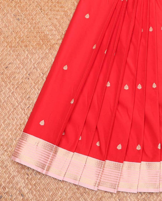 Red Budget Silk Saree, Dazzled with Zari Buttas All Over Its Body, Complemented by a Contrast Traditional Zari Design Border, Grand Jaal Pallu, and Paired with a Contrast Blouse