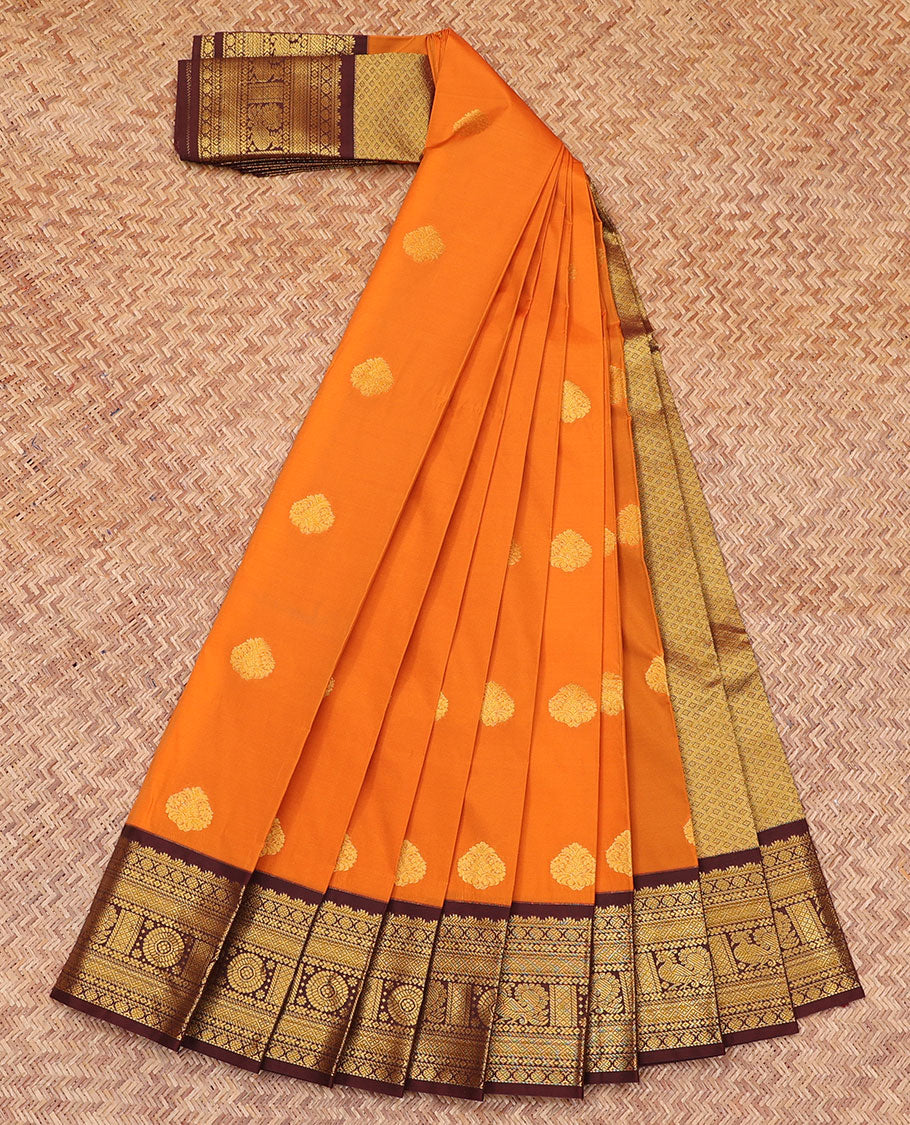 Orange Budget Silk Saree, Accentuated with Zari Buttas All Over Its Body, Complemented by a Contrast Traditional Zari Design Woven Border, Gleaming Jaal Pallu, and Paired with a Contrast Blouse