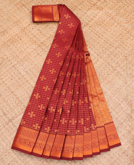 Maroon Budget Silk Saree, Ornamented with Zari Buttas and Checks All Over Its Body, Highlighted by a Traditional Zari Design Border, Grand Pallu, and Paired with a Matching Blouse