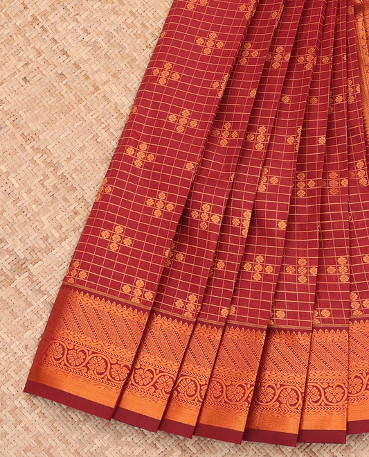 Maroon Budget Silk Saree, Ornamented with Zari Buttas and Checks All Over Its Body, Highlighted by a Traditional Zari Design Border, Grand Pallu, and Paired with a Matching Blouse