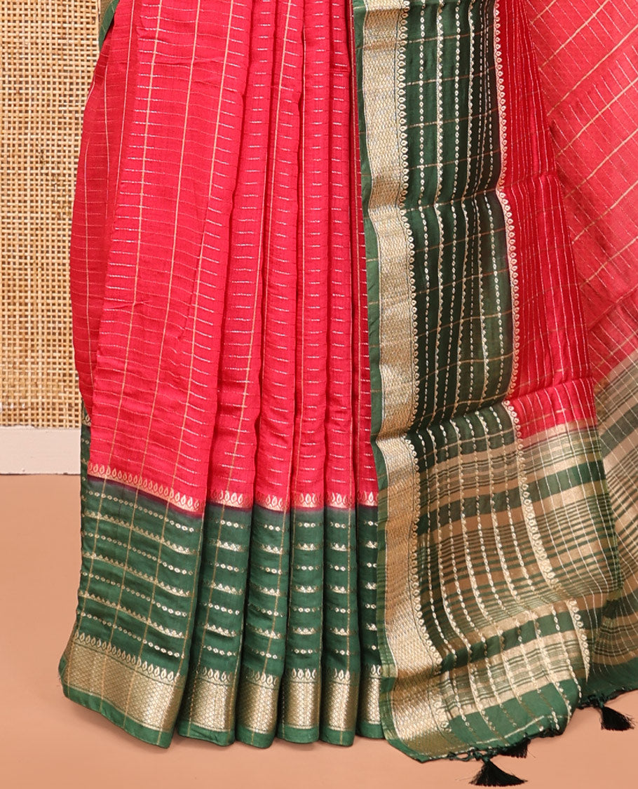 Red Assam Silk Saree, Mesmerized with Zari Checks, Complemented by Contrast Traditional Border, Zari Striped Pallu, and a Contrast Blouse
