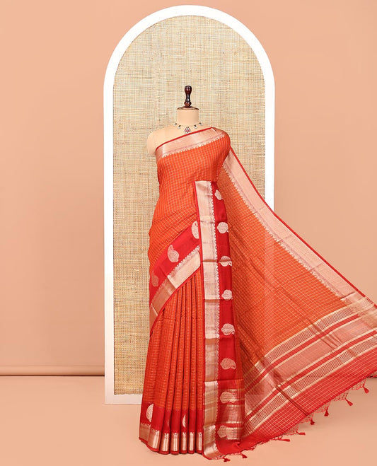 Orange Assam Silk Saree, Embellished with Checks, Complemented by Contrast Traditional Paisley Zari Design Border, Zari Striped Pallu, and a Contrast Blouse