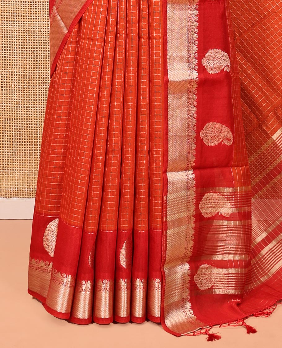 Orange Assam Silk Saree, Embellished with Checks, Complemented by Contrast Traditional Paisley Zari Design Border, Zari Striped Pallu, and a Contrast Blouse