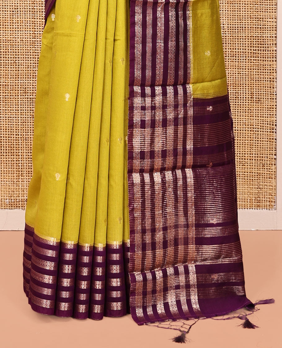 Green Assam Silk Saree, Ornamented with Zari Buttas, Complemented by a Contrast Traditional Zari Border, Striped Pallu, and a Contrast Blouse