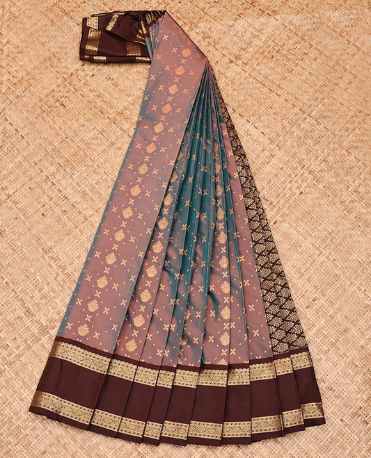 Blue Dual-Toned Budget Silk Saree, Enriched with Zari Buttas All Over Its Body, Complemented by Contrast Rettai Pettu Border of Traditional Zari Designs, Grand Jaal Pallu, and Paired with a Contrast Blouse