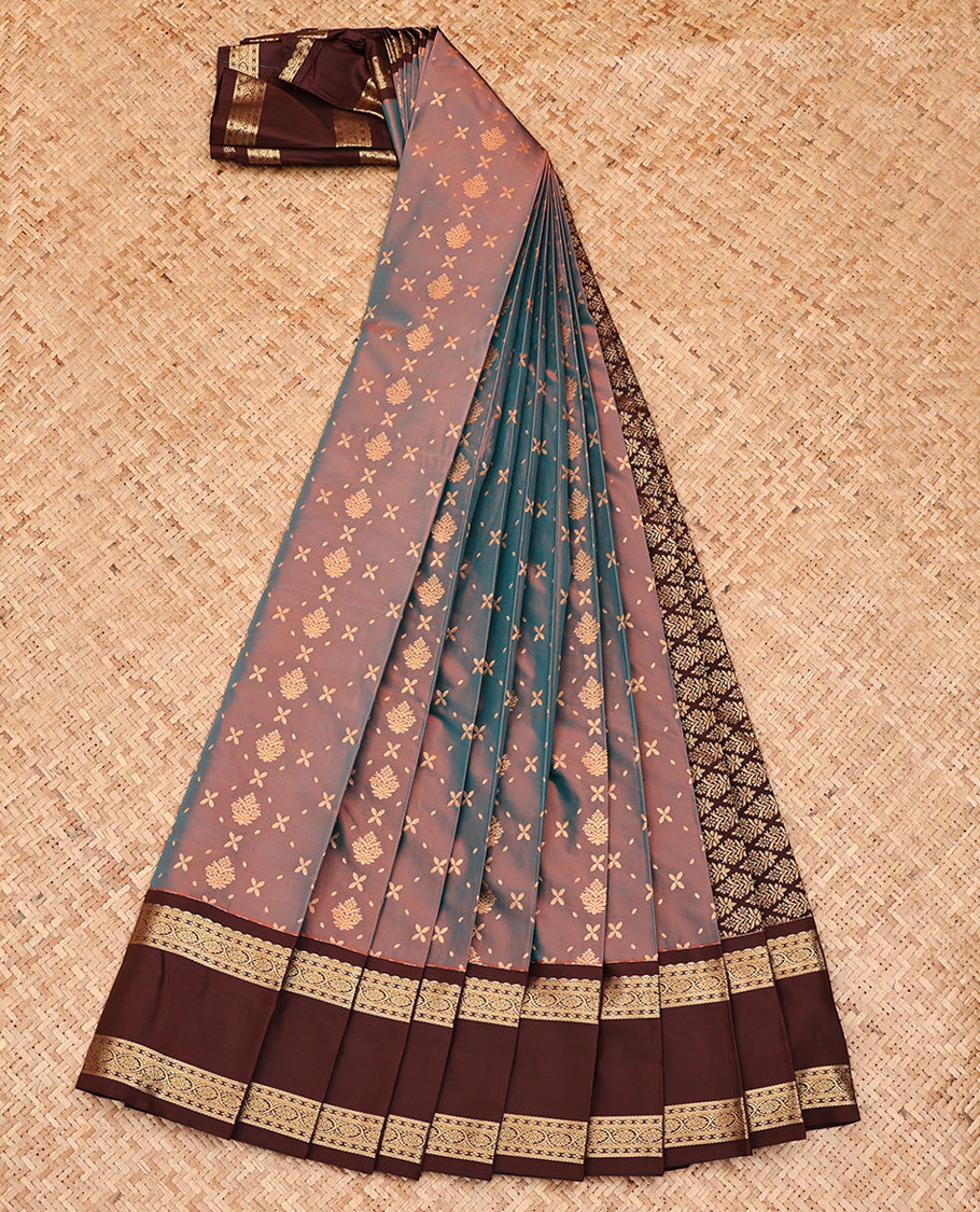 Blue Dual-Toned Budget Silk Saree, Enriched with Zari Buttas All Over Its Body, Complemented by Contrast Rettai Pettu Border of Traditional Zari Designs, Grand Jaal Pallu, and Paired with a Contrast Blouse