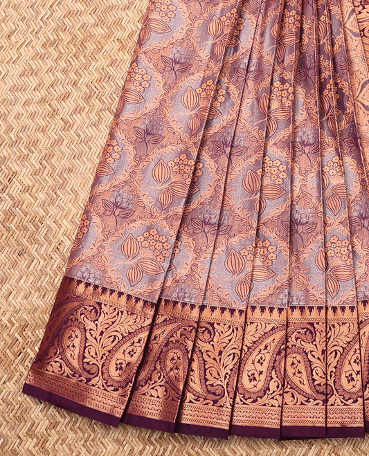 Grey Budget Silk Saree, Woven with Jacquard, Complemented by Contrast Paisley Zari Border, Grand Jaal Pallu, and a Contrast Blouse