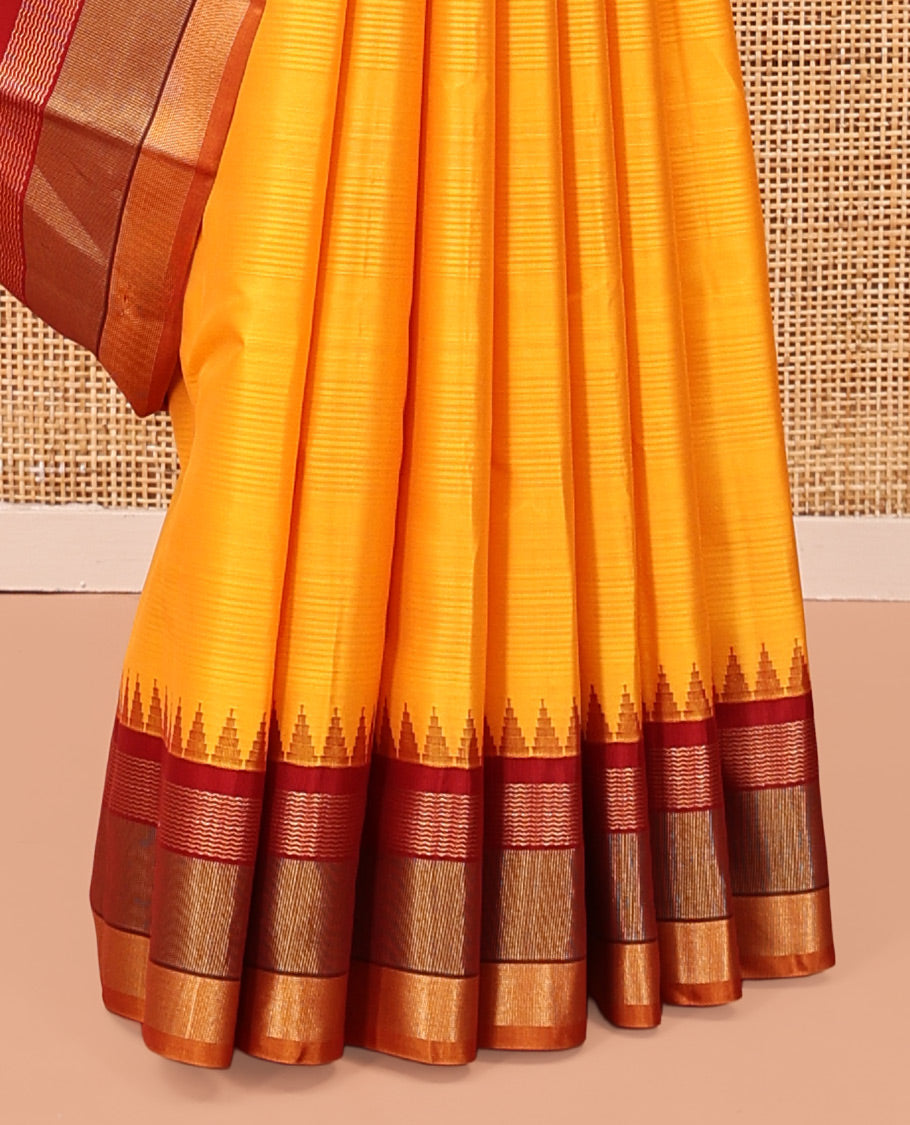 Yellow-Striped Bangalore Silk Saree, Complemented by a Contrast Temple Geometric Border, Pallu of Temple and Neli Designs, and a Contrast Blouse