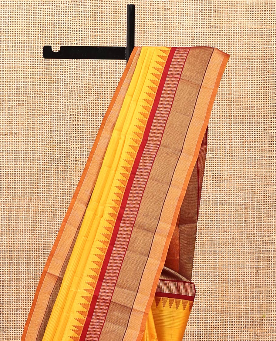 Yellow-Striped Bangalore Silk Saree, Complemented by a Contrast Temple Geometric Border, Pallu of Temple and Neli Designs, and a Contrast Blouse
