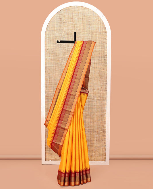 Yellow-Striped Bangalore Silk Saree, Complemented by a Contrast Temple Geometric Border, Pallu of Temple and Neli Designs, and a Contrast Blouse