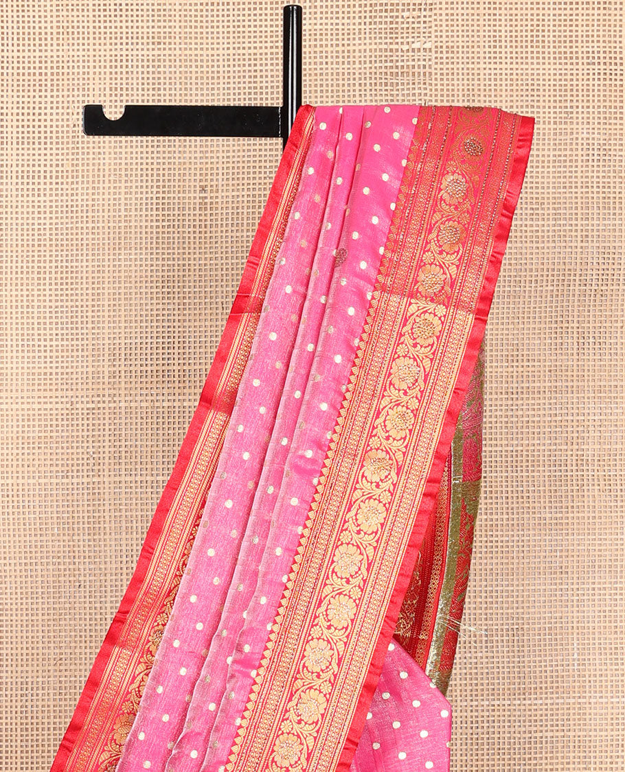 Pink buttas semi banaras nylon with contrast intricate zari design border & floral design pallu