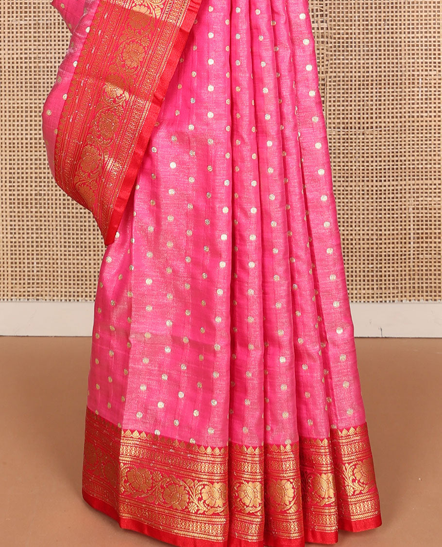 Pink buttas semi banaras nylon with contrast intricate zari design border & floral design pallu