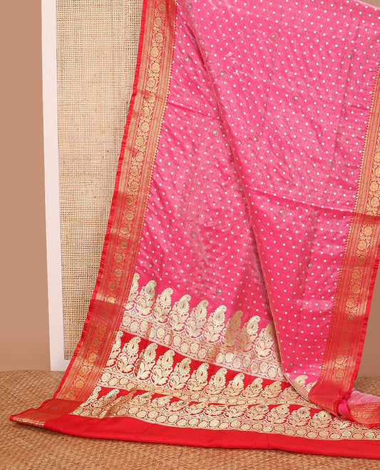 Pink buttas semi banaras nylon with contrast intricate zari design border & floral design pallu