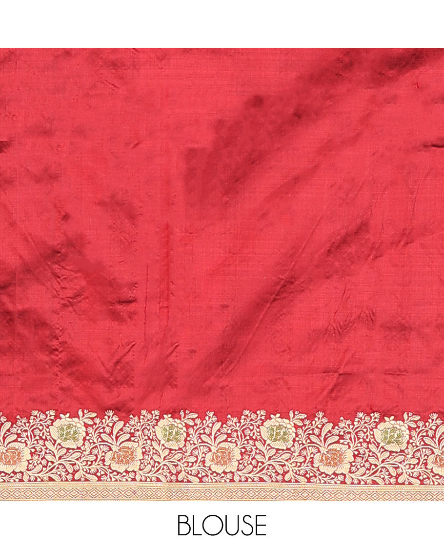 Red plain banarasi kathan silk saree,  floral creeper meenakari border, and Mughal-style arches and floral design weave