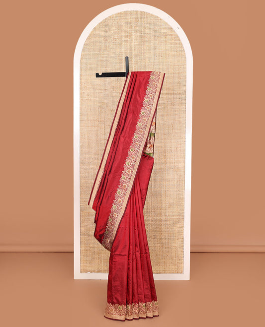 Red plain banarasi kathan silk saree,  floral creeper meenakari border, and Mughal-style arches and floral design weave