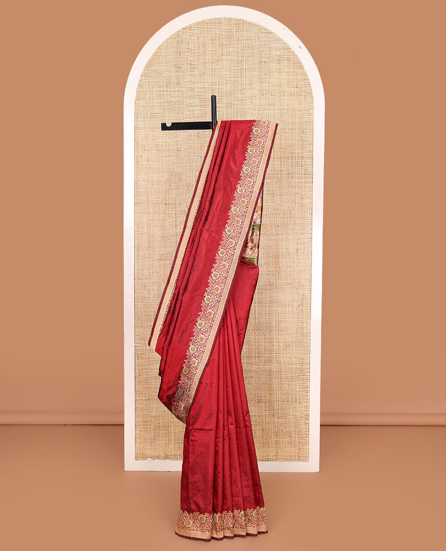 Red plain banarasi kathan silk saree,  floral creeper meenakari border, and Mughal-style arches and floral design weave