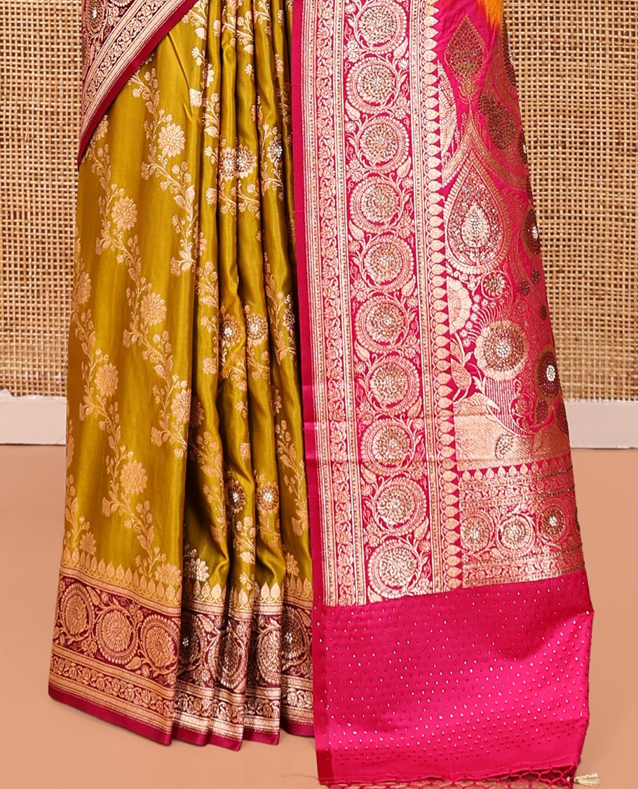 Yellow Banarasi Satin Saree, Majestically Detailed with Floral Jaal Jacquard, a Contrast Floral Creeper Border, Intricate Stonework Pallu, and a Contrast Blouse