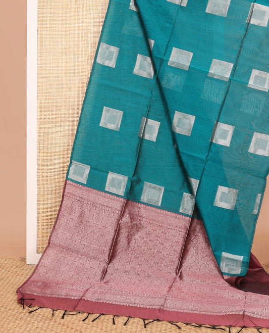 Borderless blue square buttas semi-silk cotton saree, contrast intricately designed pallu