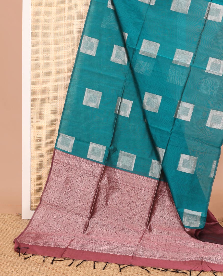 Borderless blue square buttas semi-silk cotton saree, contrast intricately designed pallu