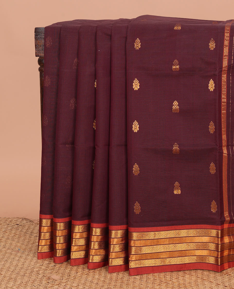 Maroon buttas Venkatagiri cotton saree, contrast traditional zari border, and pallu of zari stripes