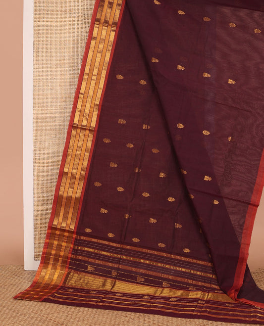 Maroon buttas Venkatagiri cotton saree, contrast traditional zari border, and pallu of zari stripes