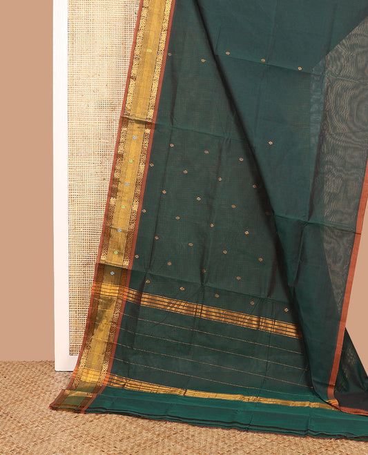 Green zari buttas Venkatagiri cotton saree with contrast traditional zari border, and pallu of zari stripes