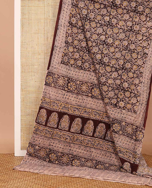 Brown floral vine machine-printed Kalamkari cotton saree, geometric printed border, and pallu of floral and paisley print