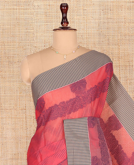 Red Semi-Silk Cotton Saree, Decked Up with Chevron Stripes All Over Its Body, Complemented by Contrast Micro-Checked Border, Pallu of Jaal Designs, and paired with a Matching Blouse