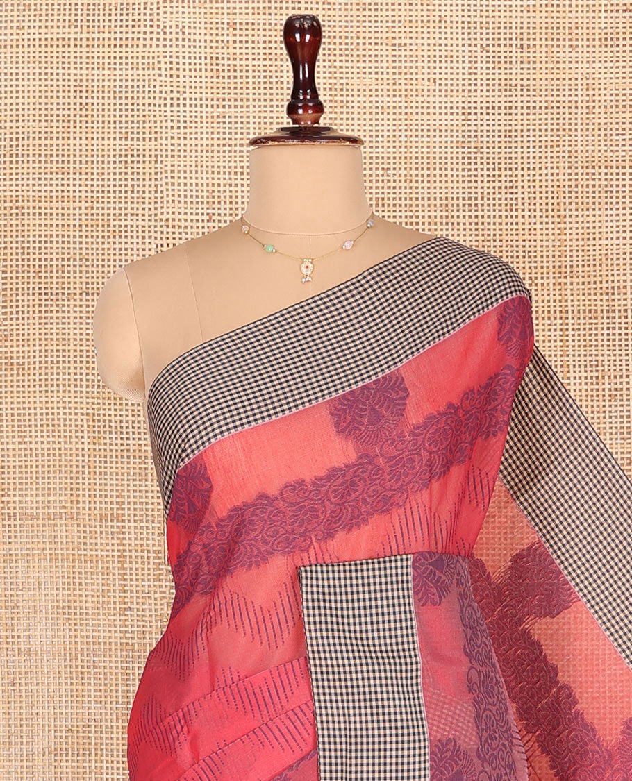 Red Semi-Silk Cotton Saree, Decked Up with Chevron Stripes All Over Its Body, Complemented by Contrast Micro-Checked Border, Pallu of Jaal Designs, and paired with a Matching Blouse