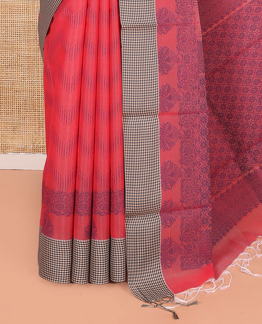 Red Semi-Silk Cotton Saree, Decked Up with Chevron Stripes All Over Its Body, Complemented by Contrast Micro-Checked Border, Pallu of Jaal Designs, and paired with a Matching Blouse