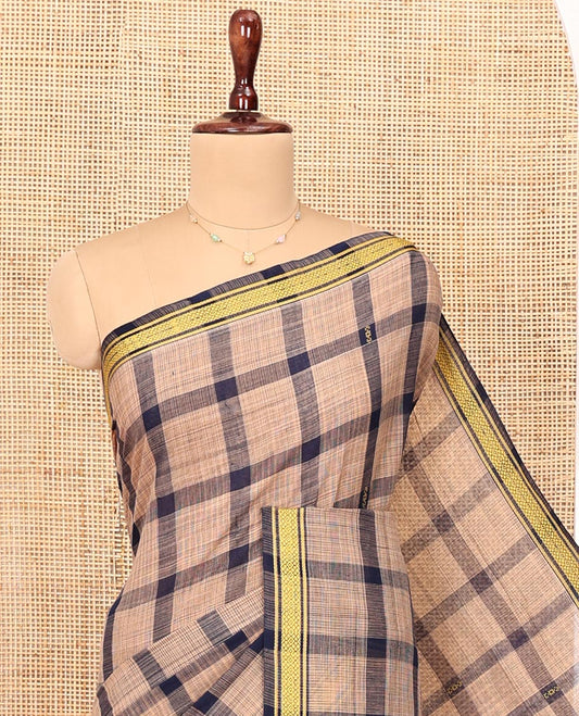 Dark Blue Andhra Cotton Saree, Woven with Big Checked Design All Over Its Body, Subtly Sparked with a Traditional Border, Pallu of Stripes, and Paired with a Matching Blouse